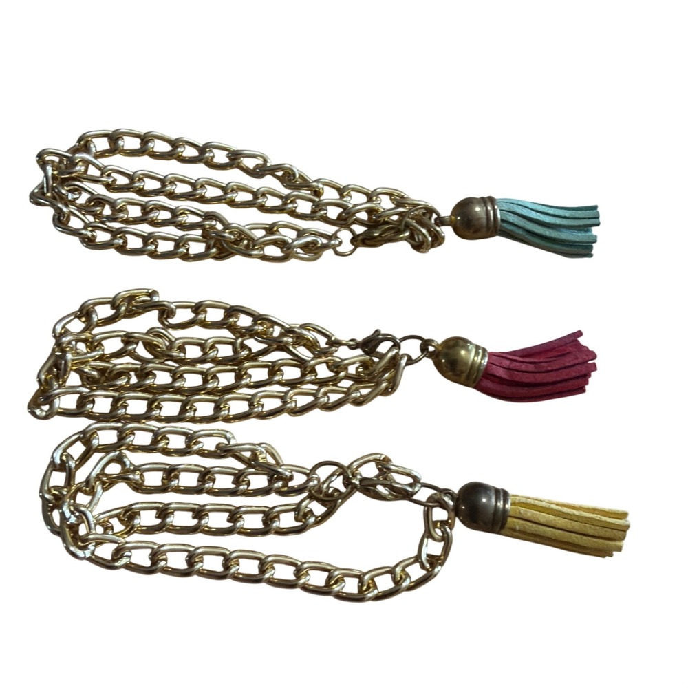 Set of 3 Gold Tone Curb Chain Tassel Bracelets Teal Burgundy Yellow Boho